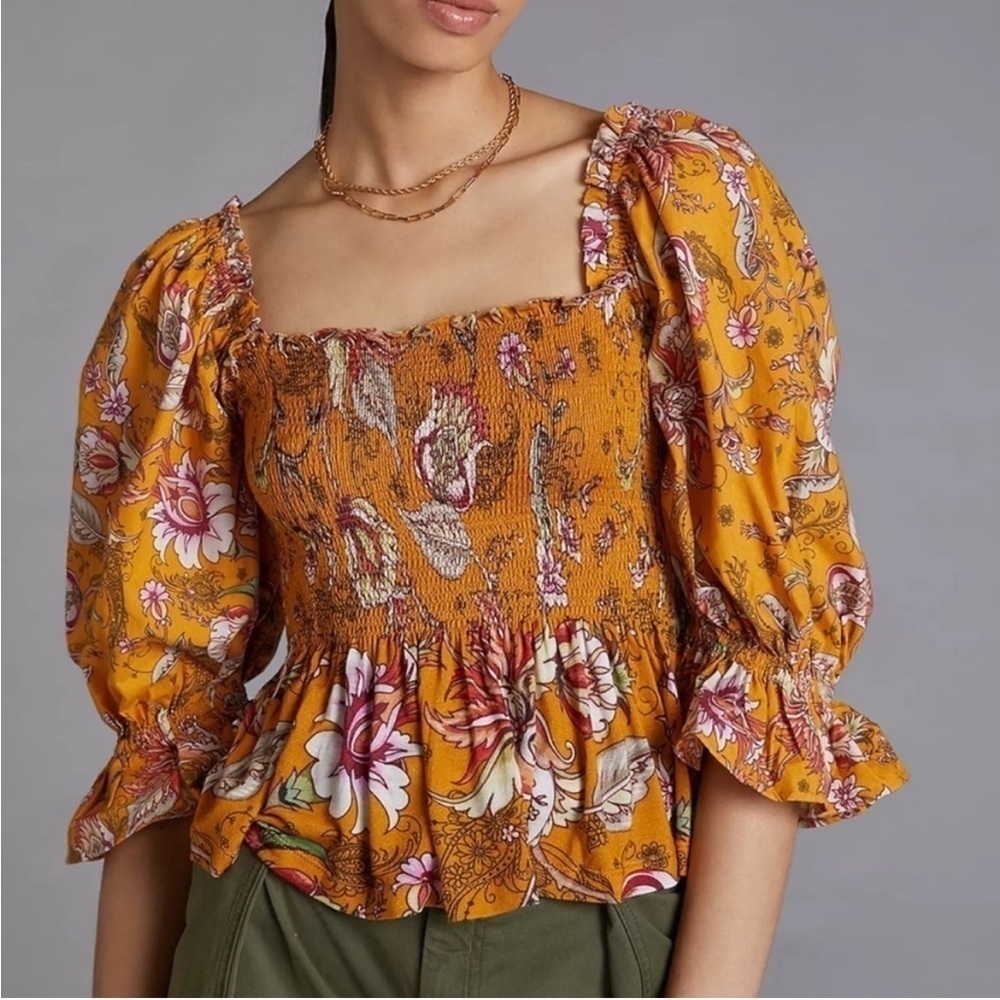 Anthropologie Conditions Apply Smocked Sweetheart Floral Blouse